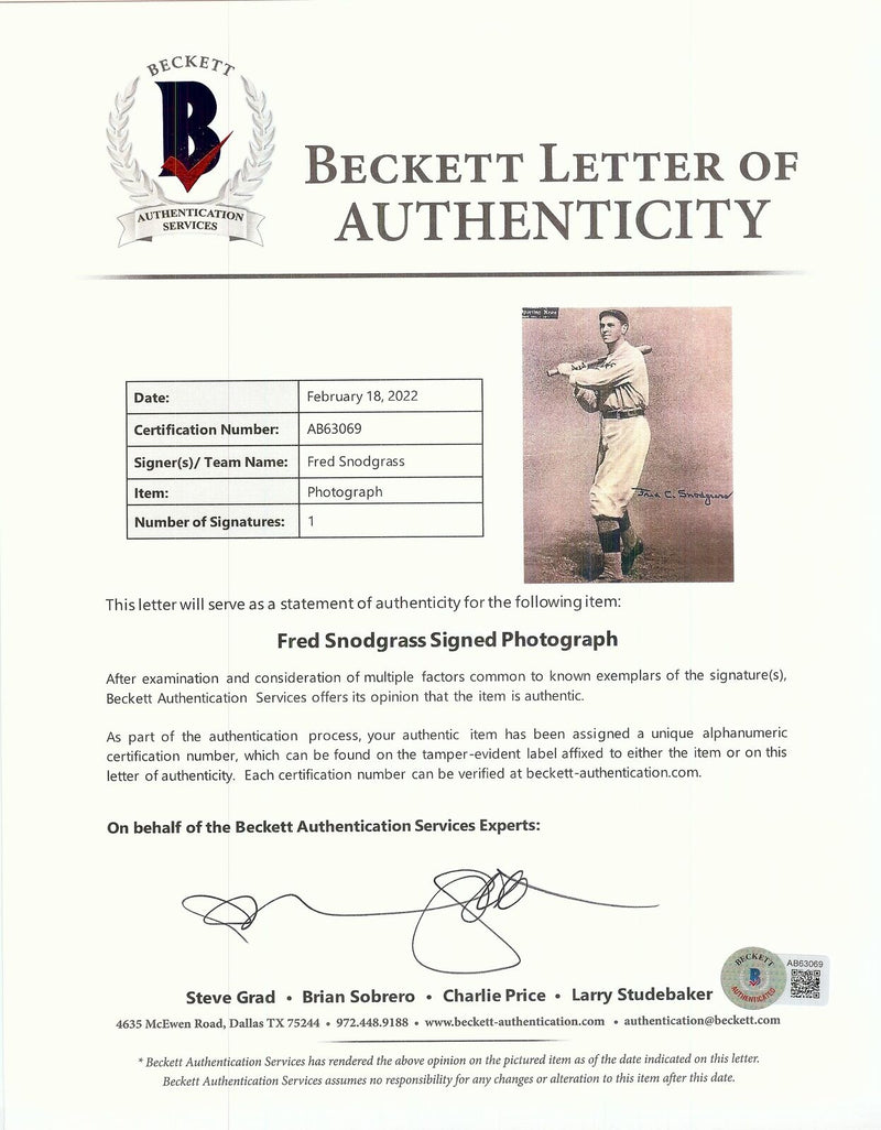Fred Snodgrass Autographed M101-2 1909-13 Sporting News Supplement Beckett