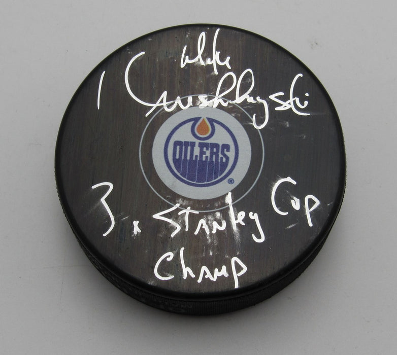 Mike Krushelnyski Signed/Inscribed Edmonton Oilers Hockey Puck PSA 194269