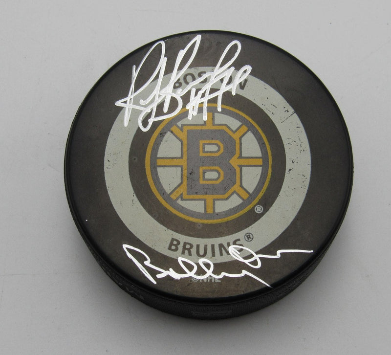 Ray Bourque/Bobby Orr HOF Dual-Signed Bruins Official Game Hockey Puck PSA2