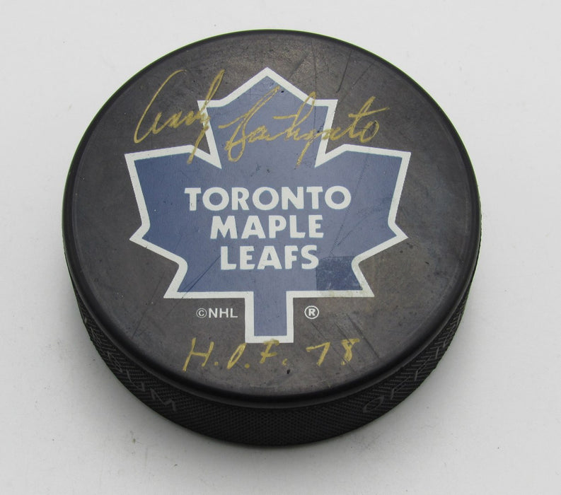 Andy Bathgate HOF Signed/Inscribed Toronto Maple Leafs Hockey Puck PSA 194318