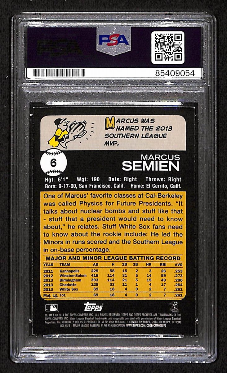 Marcus Semien White Sox Signed/Auto 2014 TOPPS RC Card #6 PSA/DNA 194920