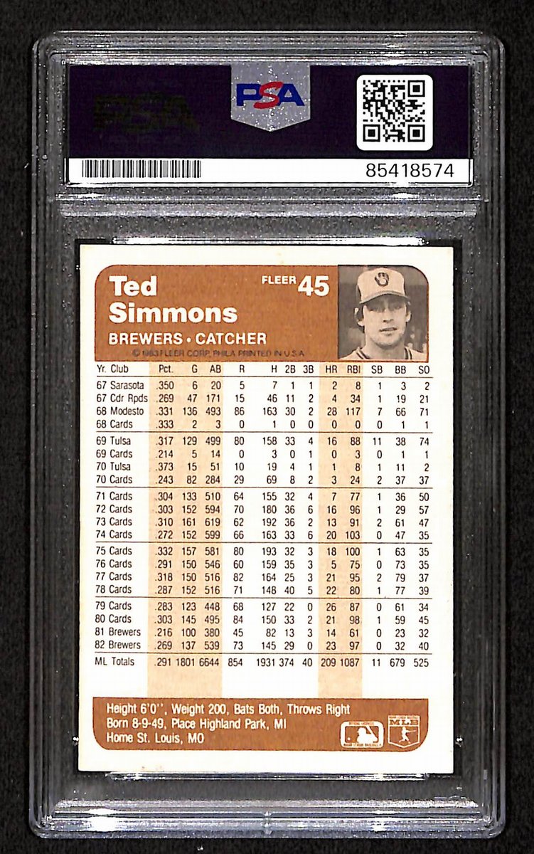 Ted Simmons HOF Brewers Signed/Auto 1983 Fleer Card #45 PSA/DNA 193843