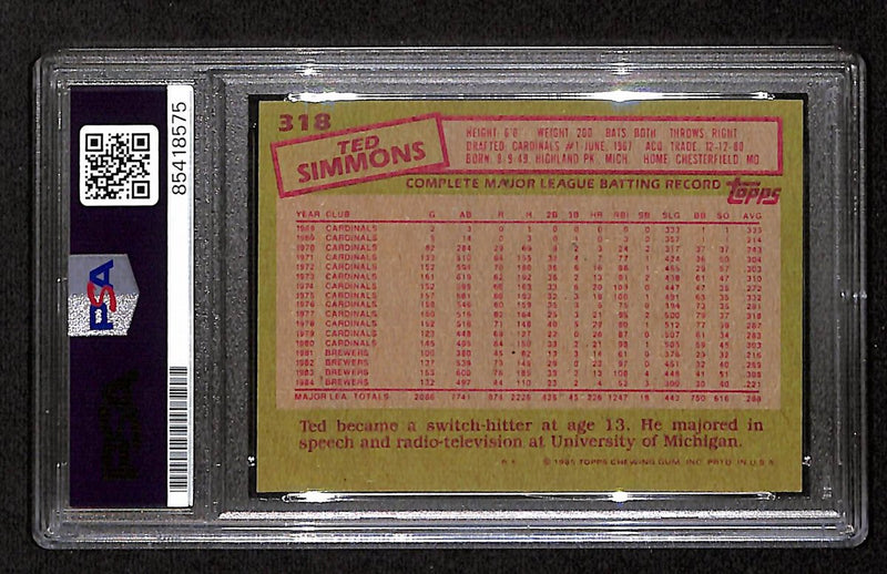 Ted Simmons HOF Brewers Signed/Auto 1985 TOPPS Card #318 PSA/DNA 193844