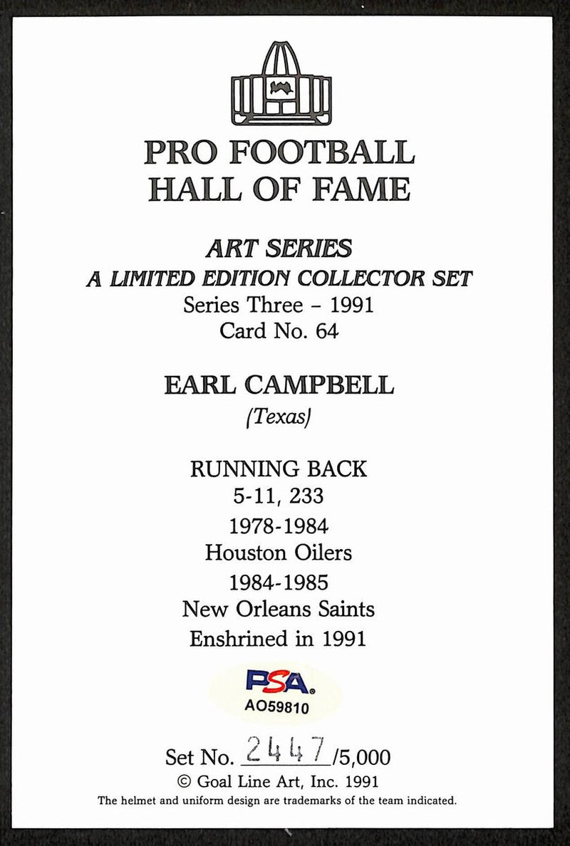 Earl Campbell HOF Signed/Insc 1991 Goal Line Art GLAC Postcard Oilers PSA 194739