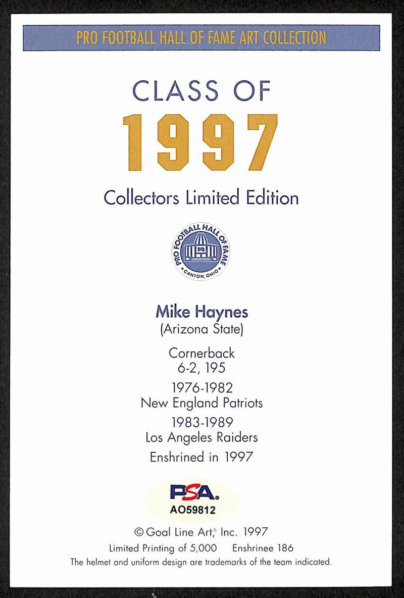 Mike Haynes HOF Signed/Inscr 1997 Goal Line Art GLAC Postcard Raiders PSA 194741