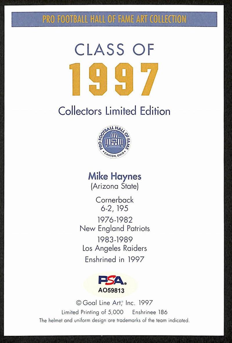 Mike Haynes HOF Signed/Inscr 1997 Goal Line Art GLAC Postcard Raiders PSA 194742