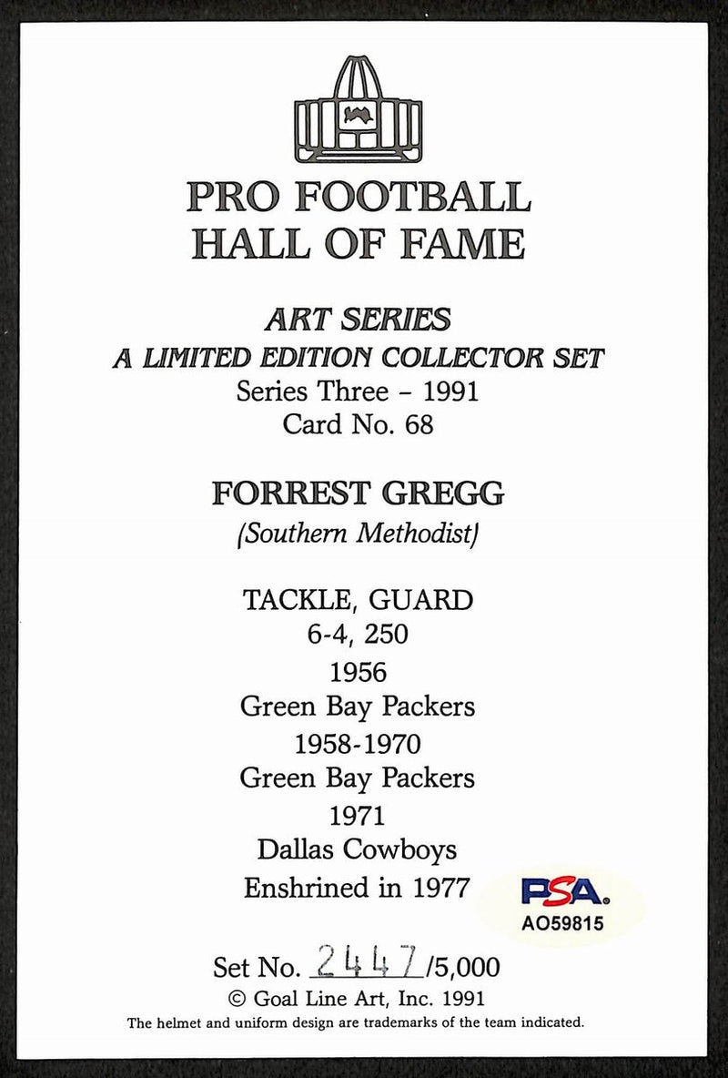 Forrest Gregg HOF Signed/Inscr 1991 Goal Line Art GLAC Postcard Packers PSA