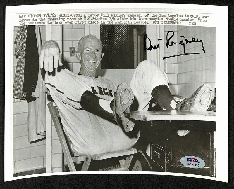 Bill Rigney Signed/Auto 1962 Vintage 9x7 Wire/Press Photo LA Angels PSA 194439