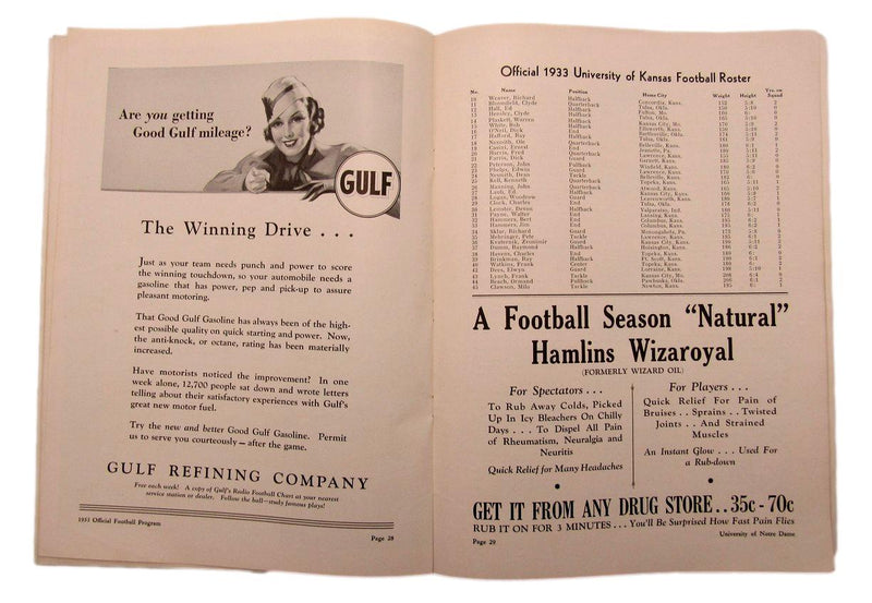 October 7, 1933 Kansas vs. Notre Dame NCAA Football Game Program 195581