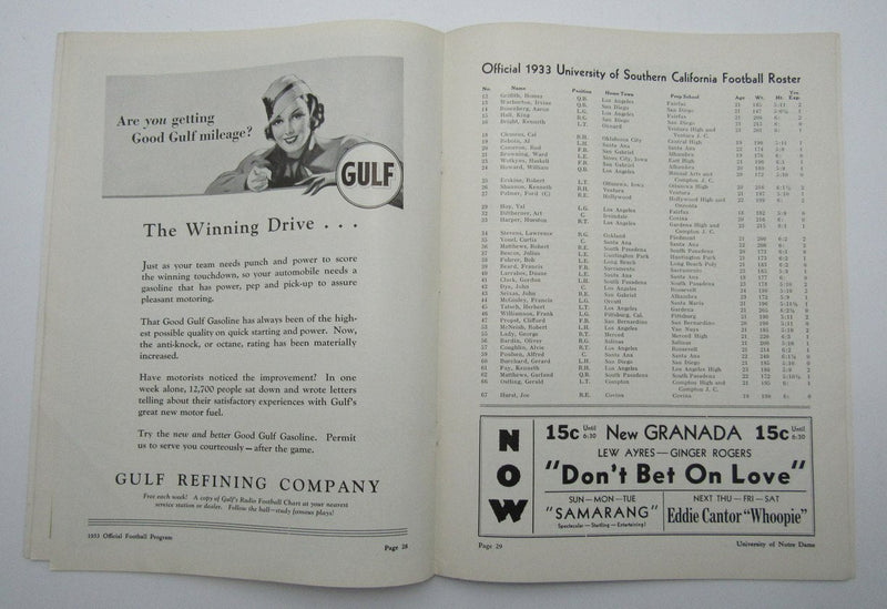 Nov. 25, 1933 So. California vs. Notre Dame NCAA Football Game Program 195583