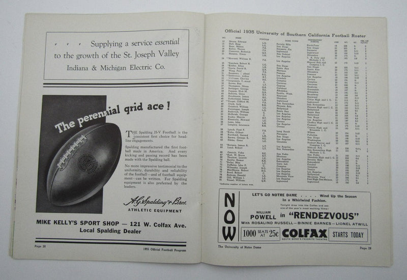 Nov. 24, 1935 So. California vs. Notre Dame NCAA Football Game Program 195584