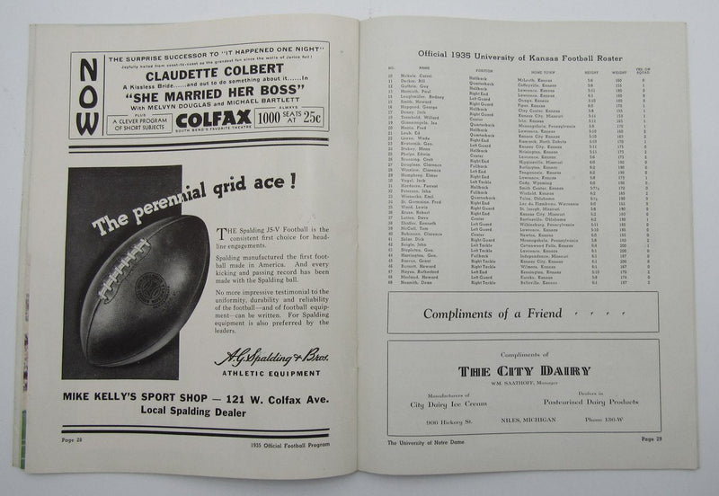September 28, 1935 Kansas vs. Notre Dame NCAA Football Game Program 195585