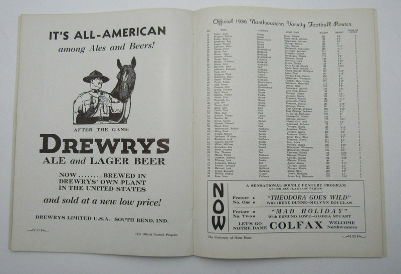 Nov. 21, 1936 North Western vs. Notre Dame NCAA Football Game Program 195589
