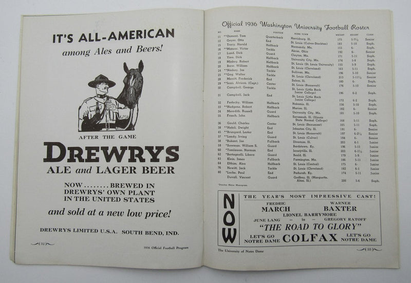 October 10, 1936 Washington U vs. Notre Dame NCAA Football Game Program 195592