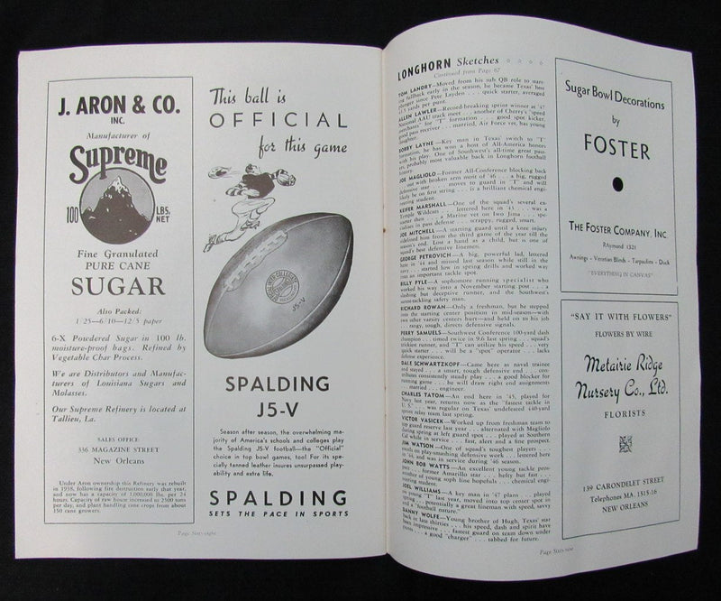 January 1, 1948 Sugar Bowl Alabama vs. Texas NCAA Football Game Program 194661