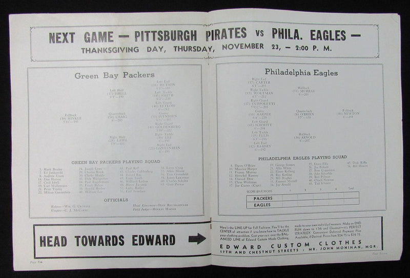 November 12, 1939 Philadelphia Eagles vs. Packers Football Game Program 194677