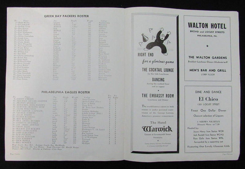 November 12, 1939 Philadelphia Eagles vs. Packers Football Game Program 194677