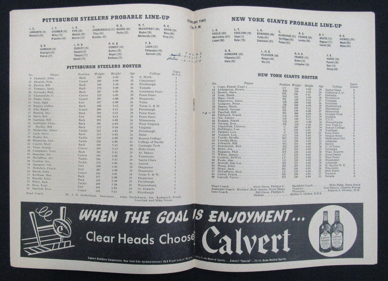 November 24, 1946 NY Giants vs. Pittsburgh Steelers Football Game Program 195506