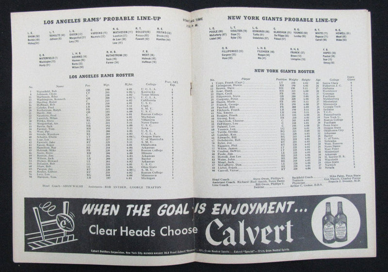 December 1, 1946 New York Giants vs. LA Rams Football Game Program 195514