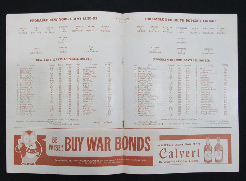 October 17, 1943 Brooklyn Dodgers vs. NY Giants Football Game Program 195517