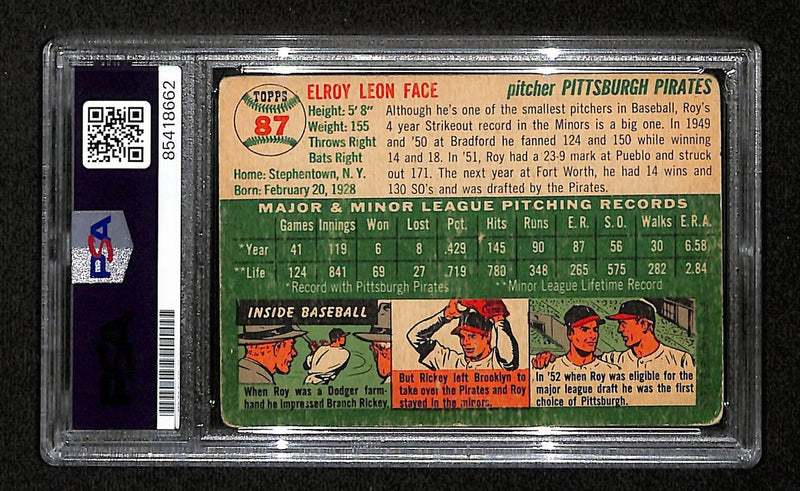 Roy Face Signed/Auto 1954 Topps Card #87 Pittsburgh Pirates PSA/DNA 194835