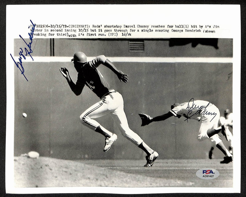 Darrel Chaney/George Hendrick Signed 8x10 Press Photo 1972 Reds vs A's PSA/DNA