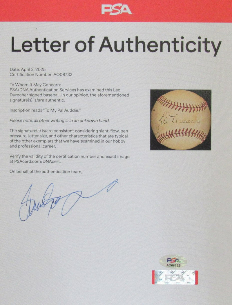 Leo Durocher HOF Signed/Inscribed ONL Baseball Brooklyn Dodgers PSA/DNA 196421