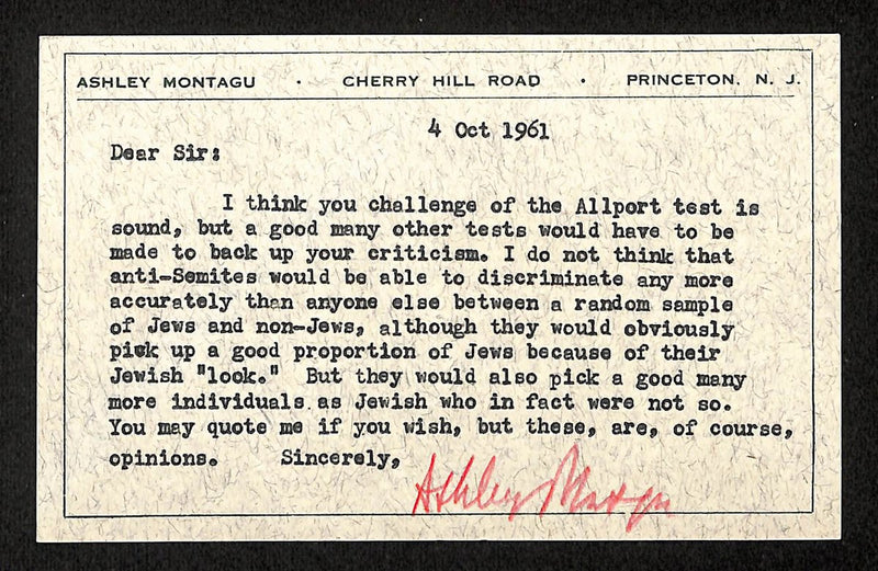 Ashley Mantagu Signed/Auto Post Card British-American Anthropologist 195480