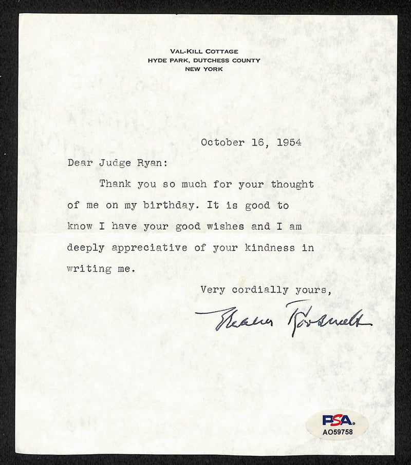 Eleanor Roosevelt Signed Typed Letter Signed (TLS) Former First Lady PSA/DNA
