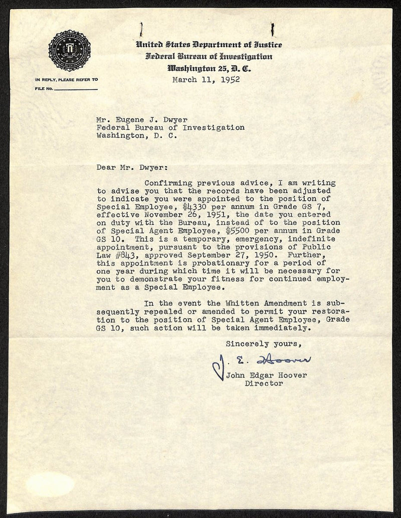 J. Edgar Hoover Signed Typed Letter Signed (TLS) FBI Director JSA 196013