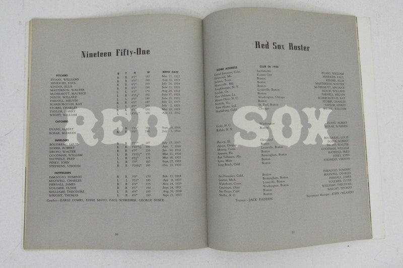 Boston Red Sox 1951 Yearbook 195684