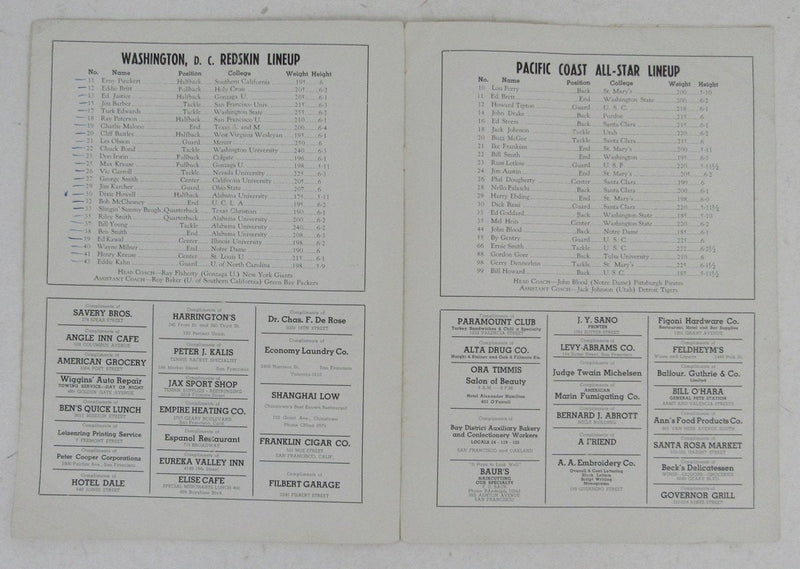 January 16, 1938 Program Redskins vs. Pacific Coast All-Americans 195692