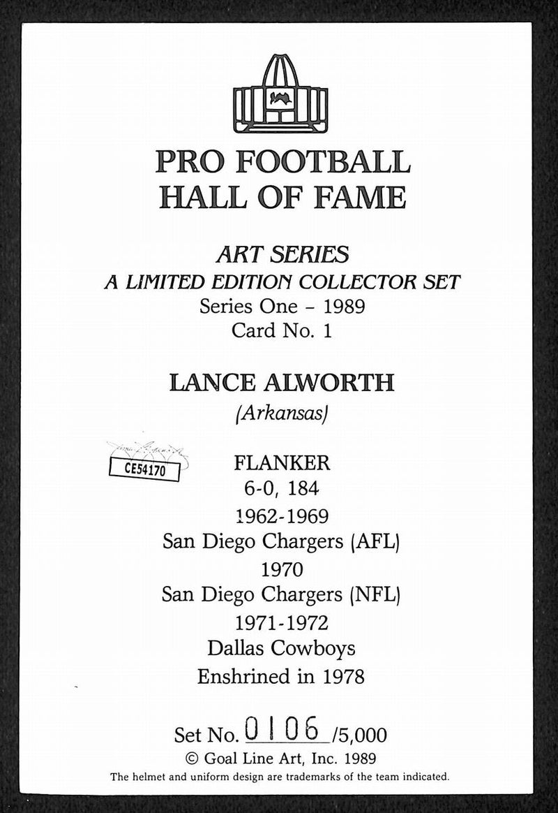 Lance Alworth Signed/Inscr 1989 Goal Line Art GLAC Postcard Chargers JSA 196053