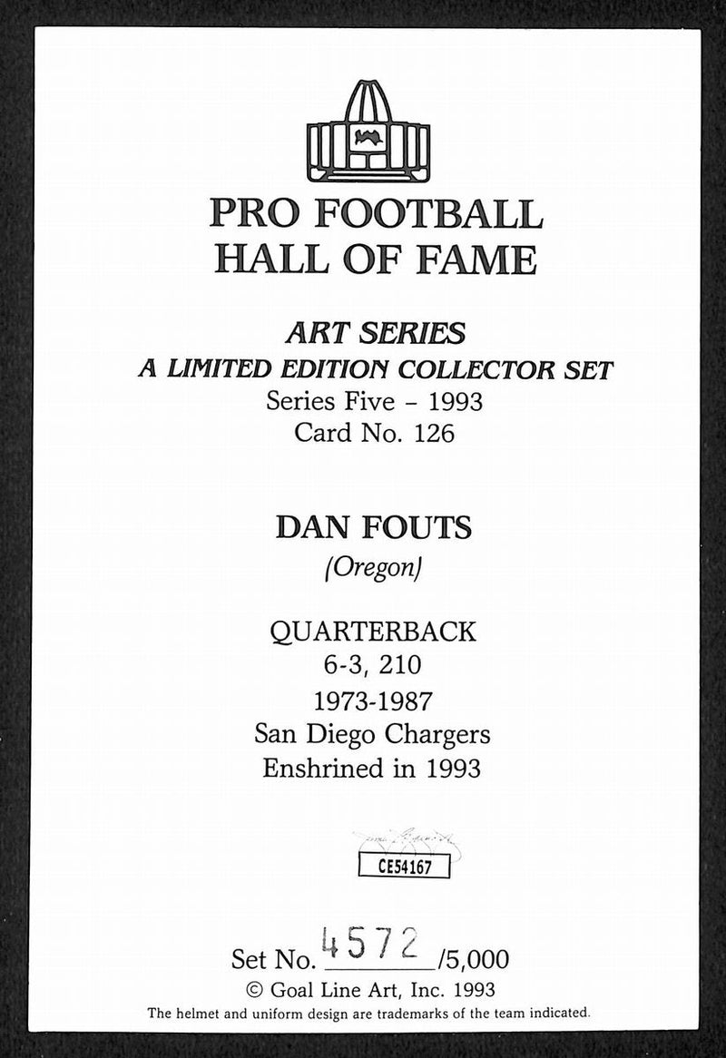Dan Fouts HOF Signed/Auto 1993 Goal Line Art GLAC Postcard Chargers JSA 196055
