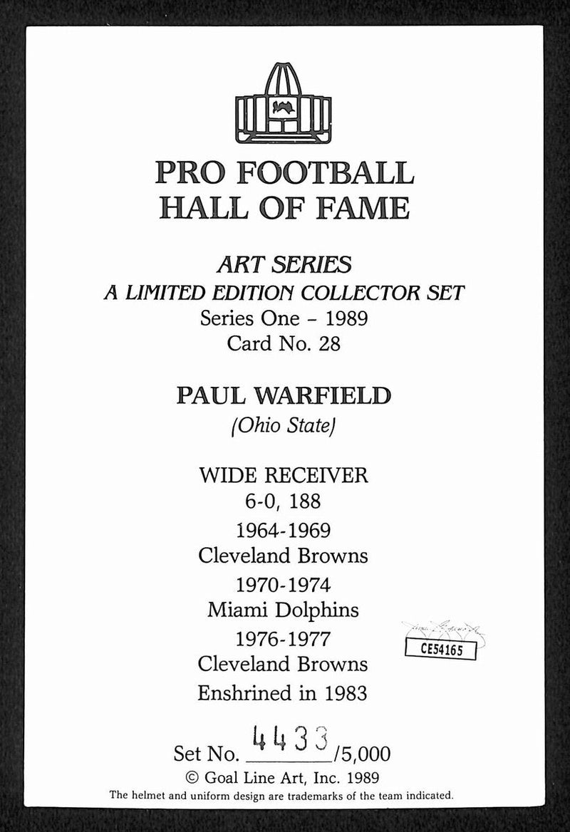 Paul Warfield HOF Signed/Auto 1989 Goal Line Art GLAC Postcard Browns JSA 196057