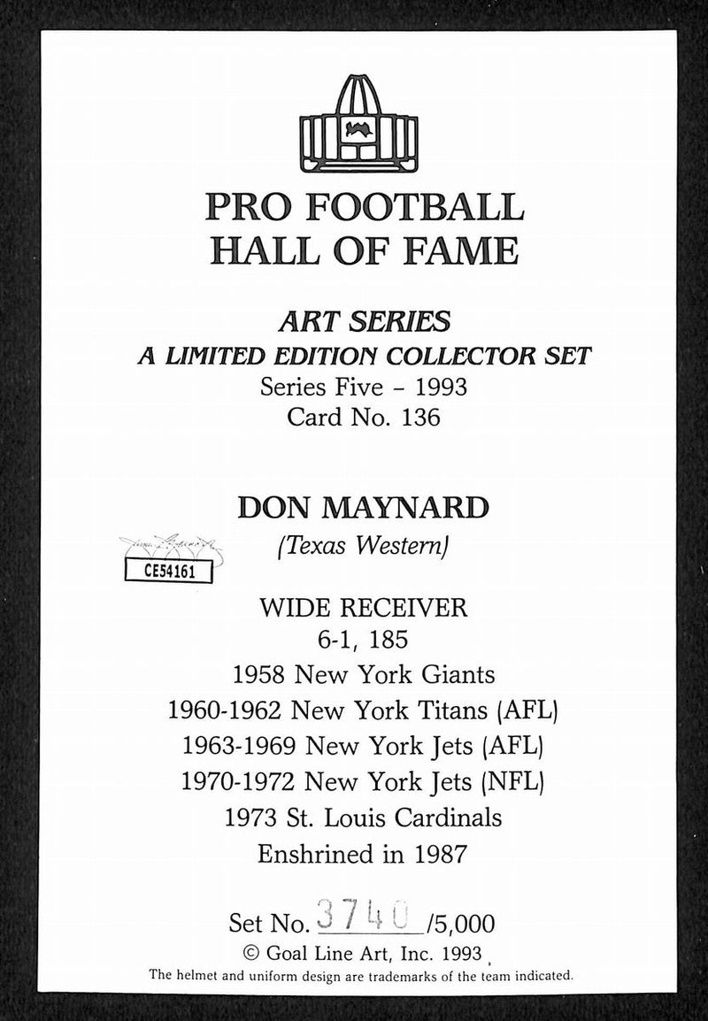 Don Maynard HOF Signed/Auto 1993 Goal Line Art GLAC Postcard Jets JSA 196061