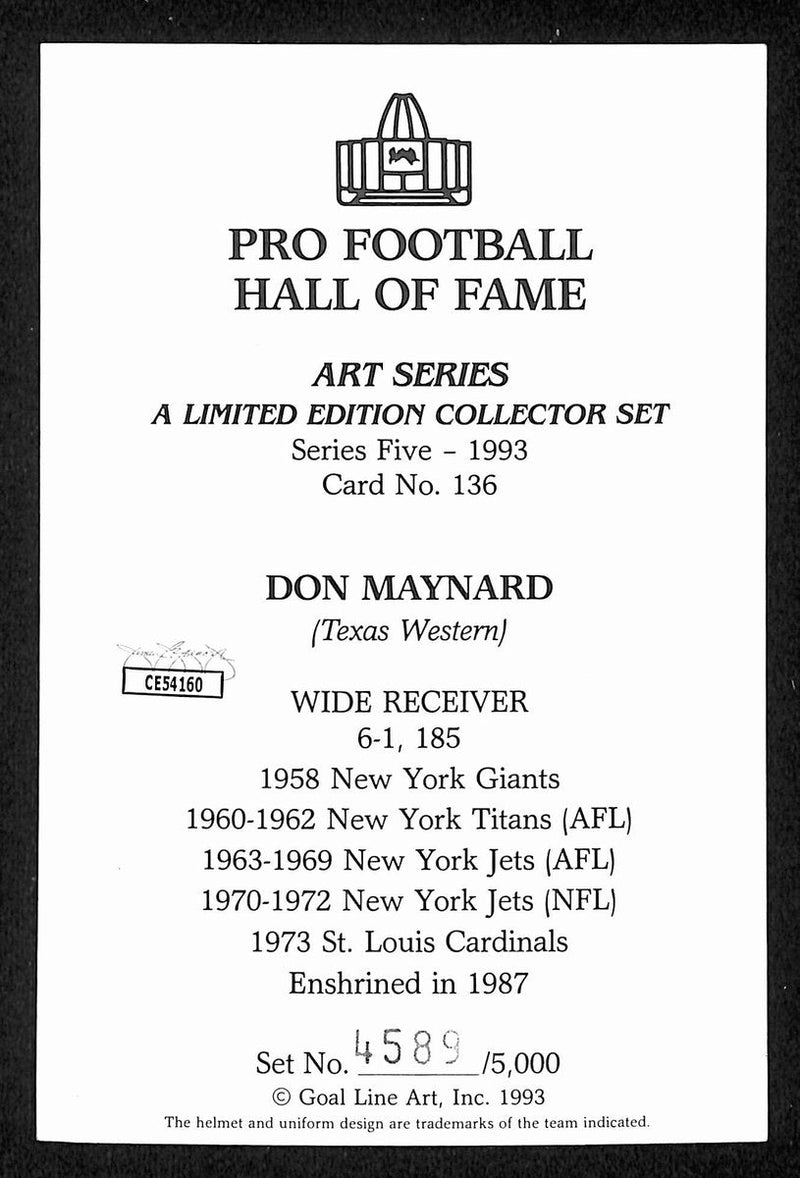 Don Maynard HOF Signed/Inscr 1993 Goal Line Art GLAC Postcard Jets JSA 196062