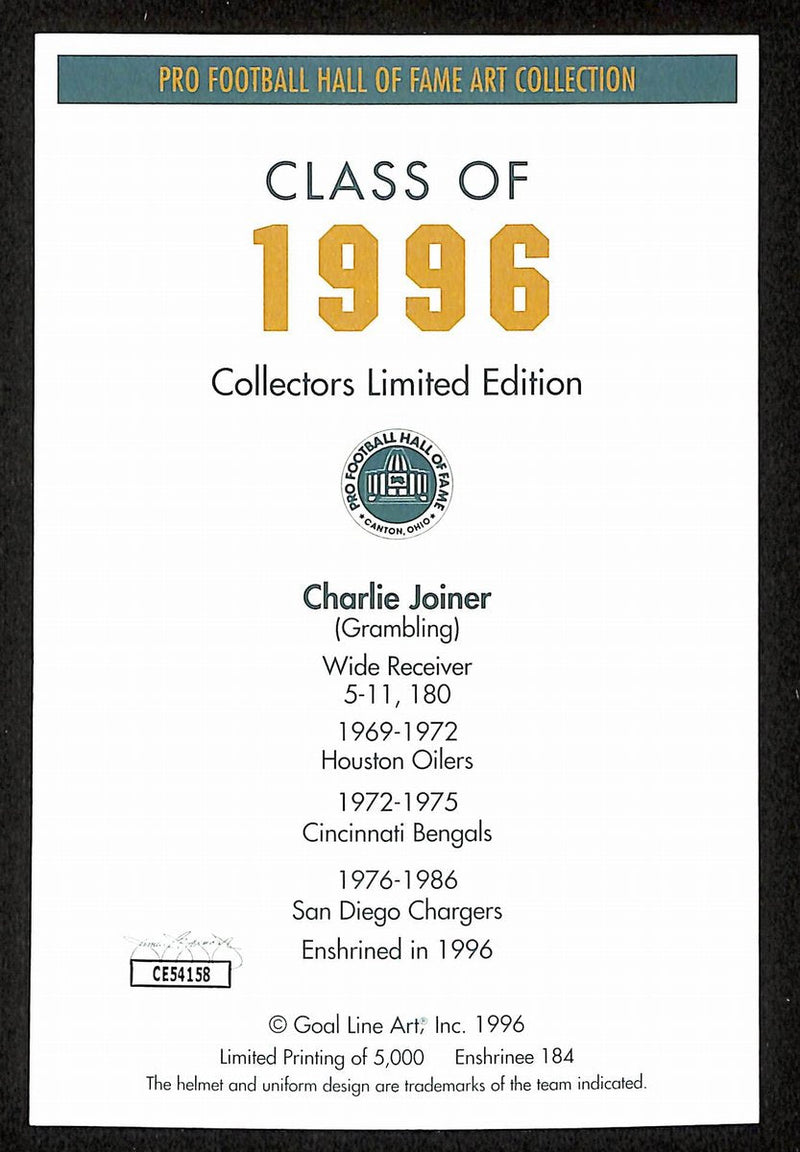 Charlie Joiner Signed/Inscr 1996 Goal Line Art GLAC Postcard Chargers JSA 196064