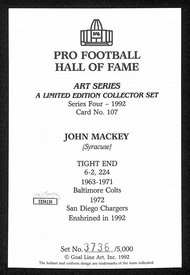 John Mackey HOF Signed/Auto 1992 Goal Line Art GLAC Postcard Colts JSA 196068
