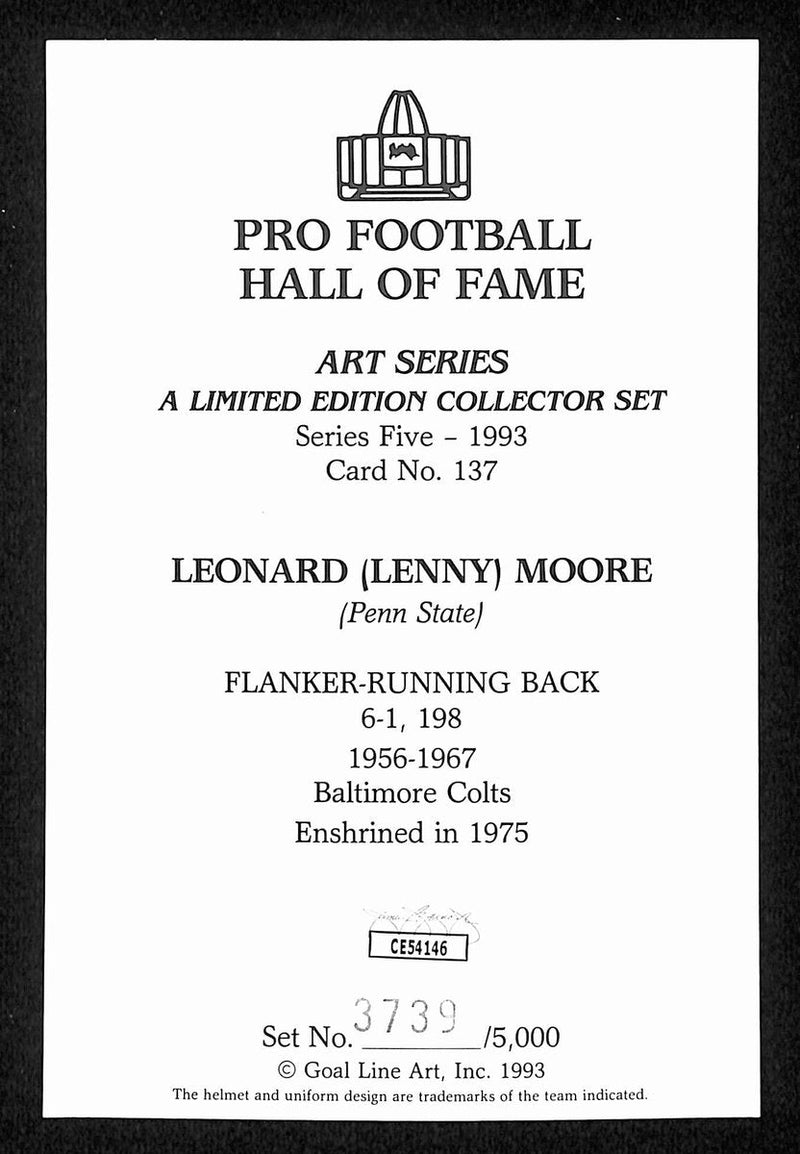 Lenny Moore HOF Signed/Auto 1993 Goal Line Art GLAC Postcard Colts JSA 196076