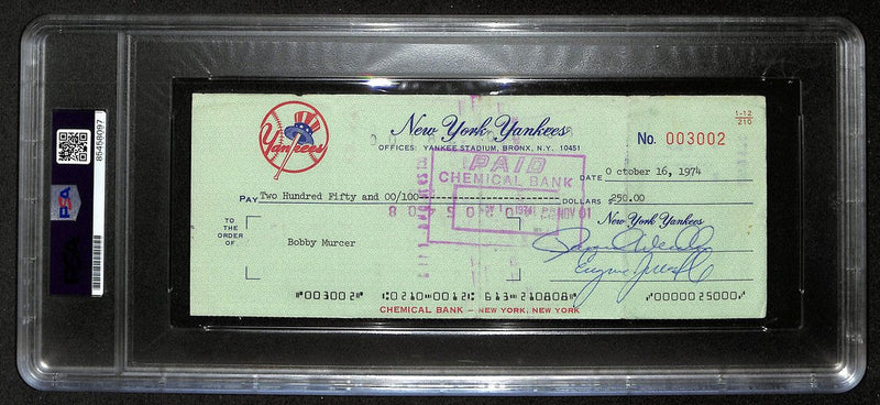 Bobby Murcer Signed/Auto 1974 NY Yankees Payroll Bank Check PSA/DNA 194536