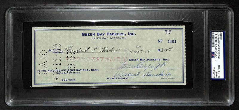 Vince Lombardi HOF Packers Signed/Autographed 1960 Bank Check PSA/DNA 194544