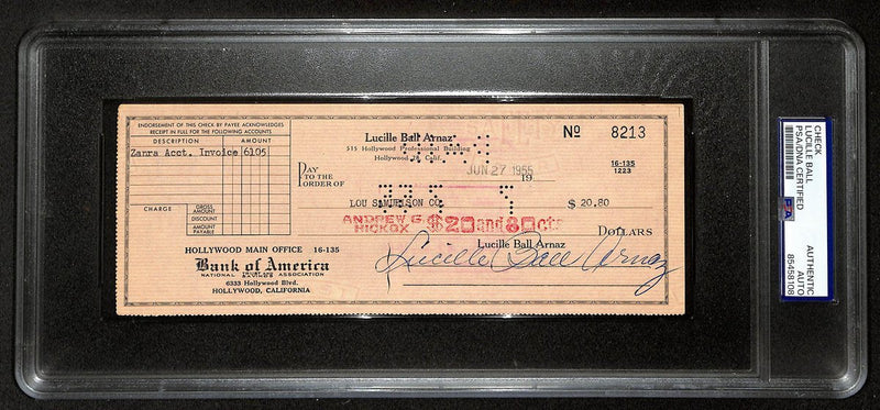 Lucile Ball Arnaz "I Love Lucy" Signed/Auto 1955 Bank Check PSA/DNA 194546