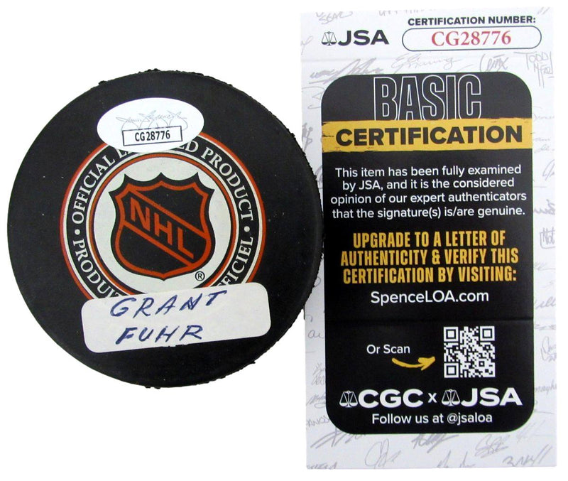 Grant Fuhr HOF Signed/Autographed Edmonton Oilers Hockey Puck JSA 197346