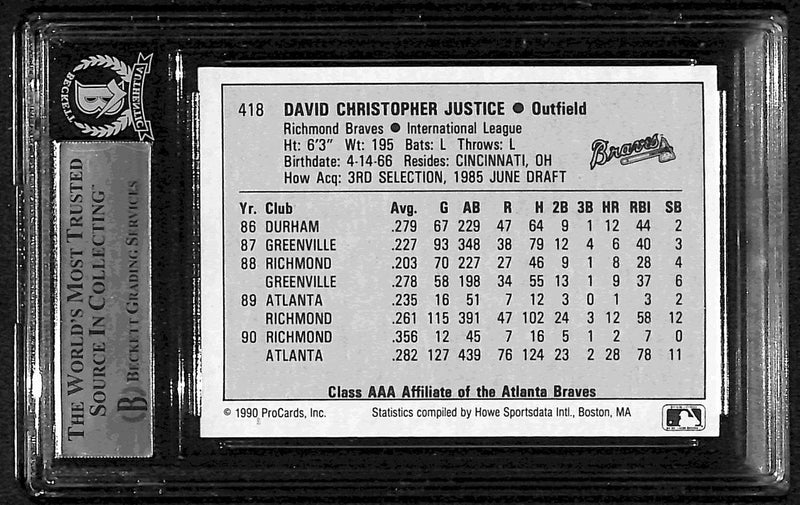 1990 Procards AAA David Justice Signed/Auto Card #418 Braves BAS/Beckett 197118