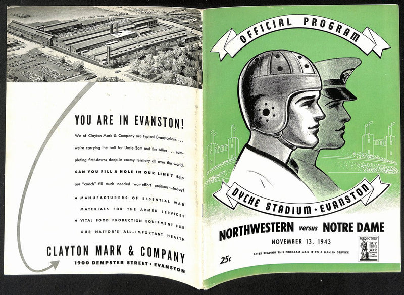 1943 Northwestern vs Notre Dame Vintage College Football Program 196434