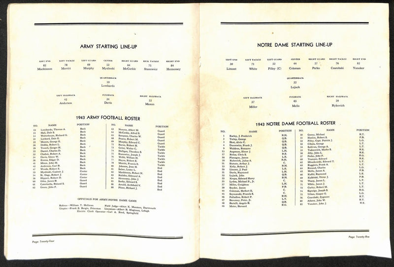 1943 Army vs Notre Dame Vintage College Football Program 196435