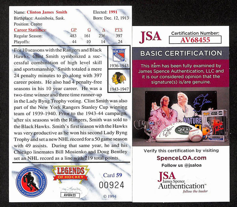 Clint Smith HOF Signed/Auto 1994 Legends of Hockey Card #89 Chicago JSA 197069