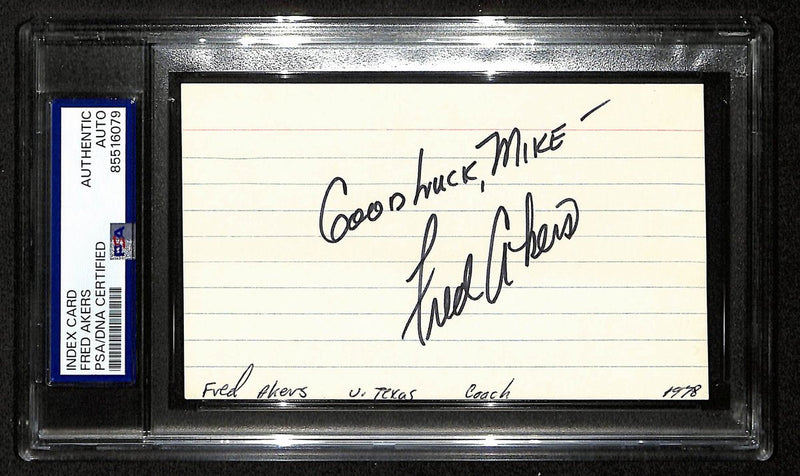 Fred Akers Texas Longhorns Coach Signed 3x5 Index Card PSA/DNA 196940