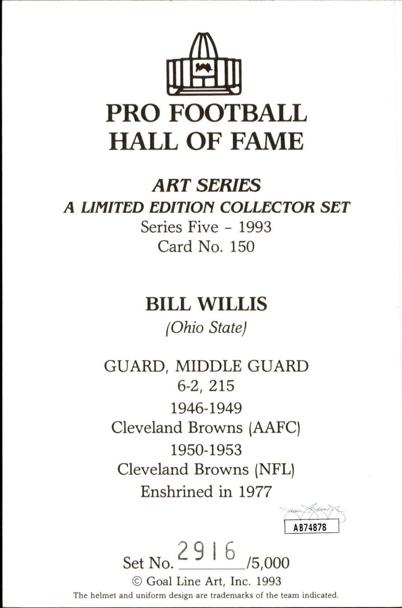Bill Willis HOF Autographed/Inscribed Goal Line Art GLAC Postcard Browns JSA